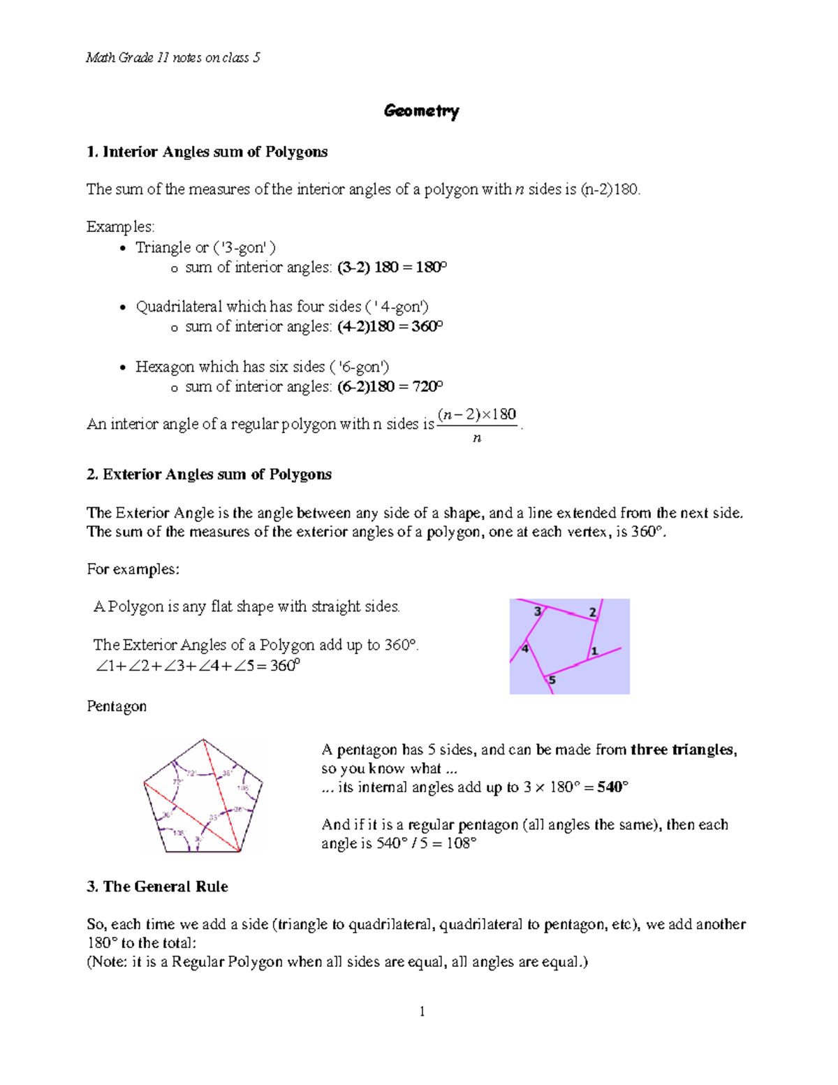 G11 Math Geometry Course Notes: Polygons, Angles, and Pythagorean ...