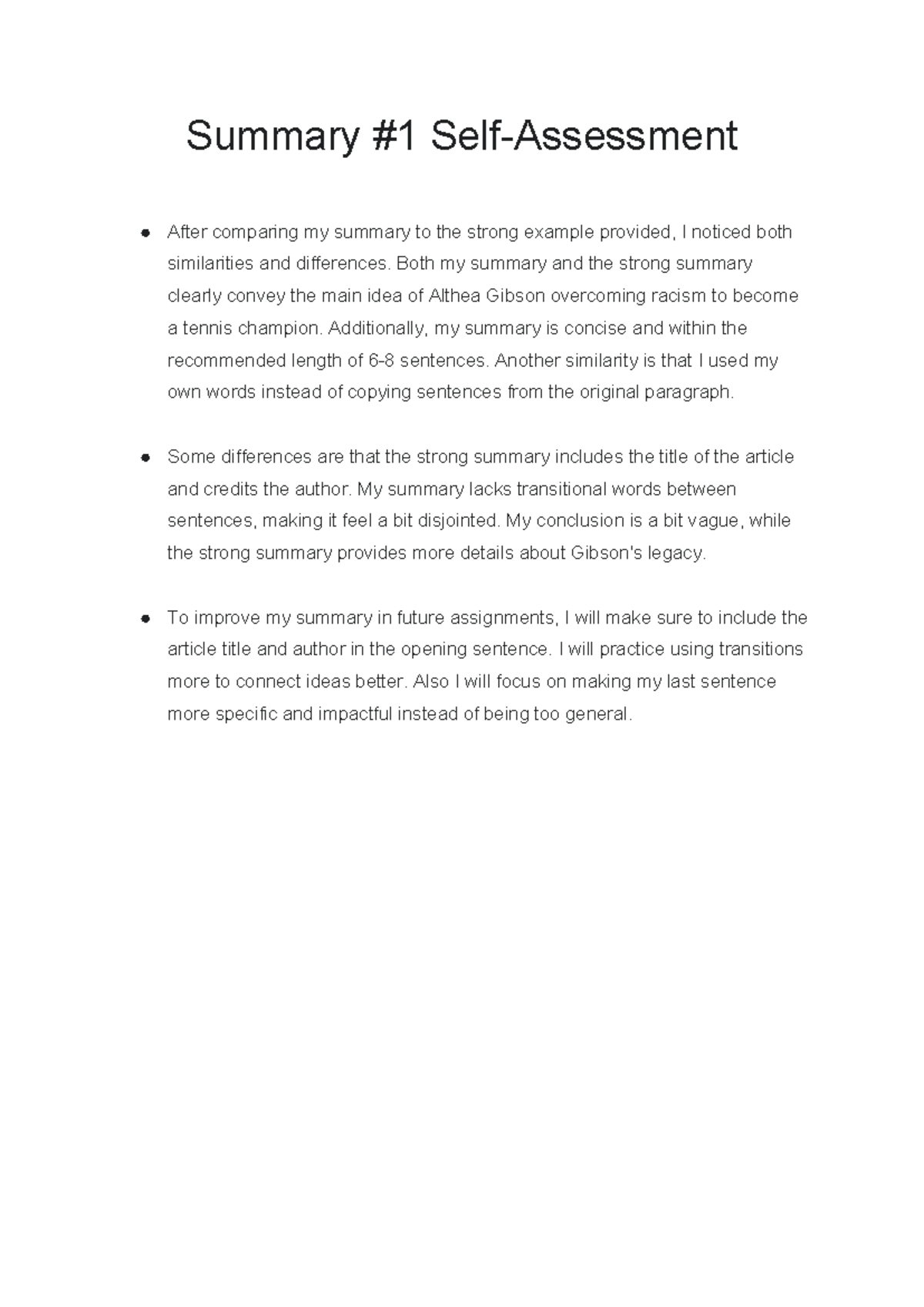 Summary #1 Self-Assessment - Summary #1 Self-Assessment After comparing ...