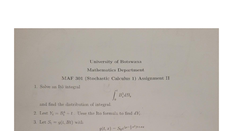 MAF 301 Stochastic Calculus 1 Test 2 Solutions and Analysis - Studocu