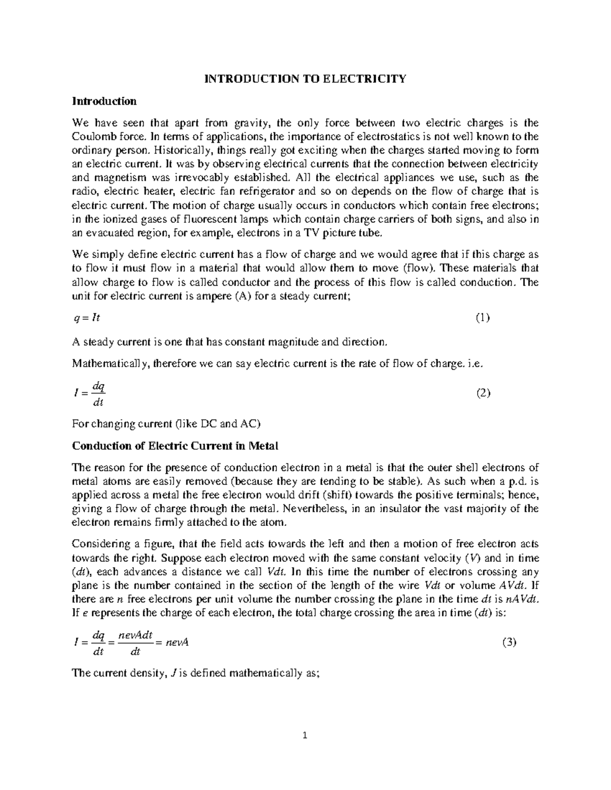 Module 2 - Introduction to Electricity and Electric Current Concepts ...