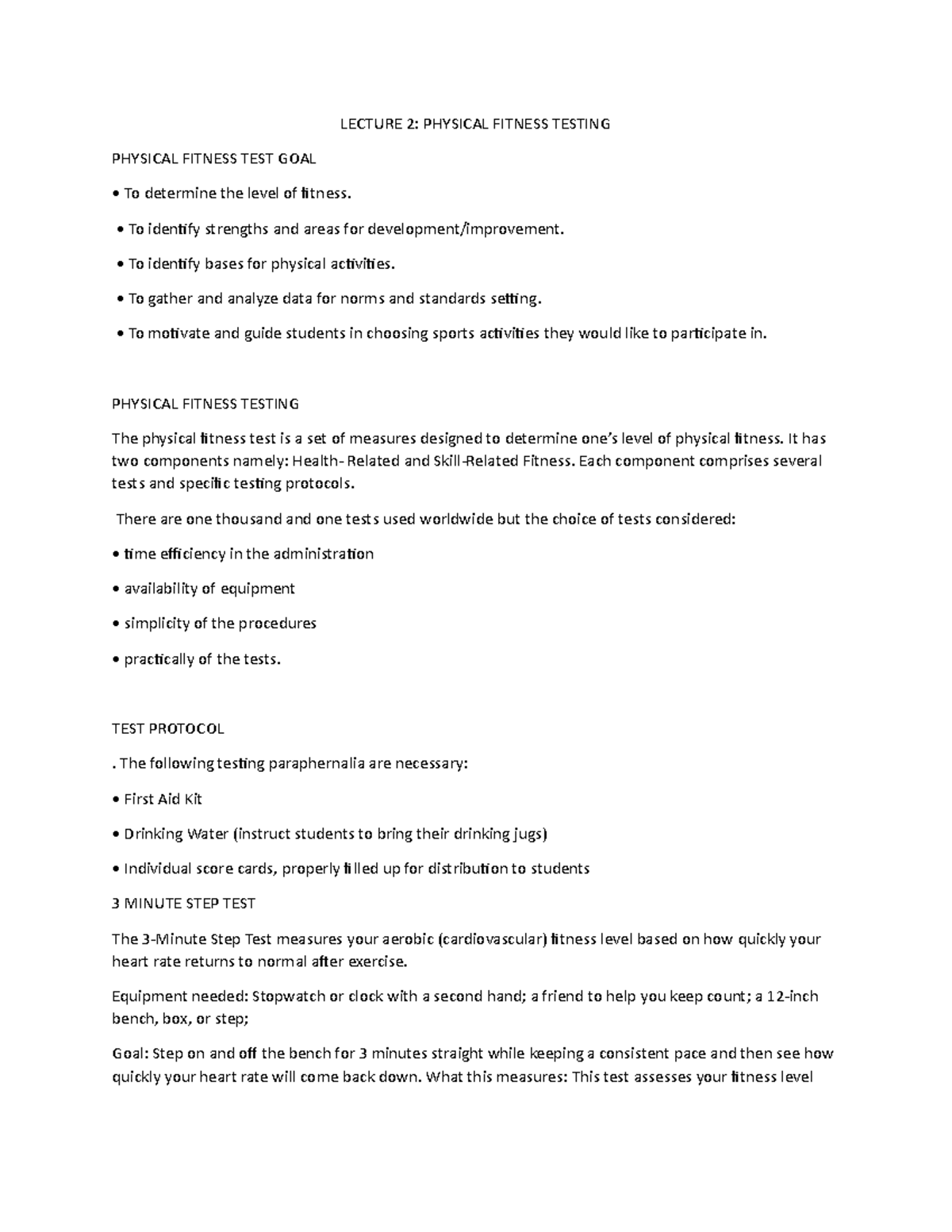Lecture Notes: Physical Fitness Testing Overview and Protocols - Studocu