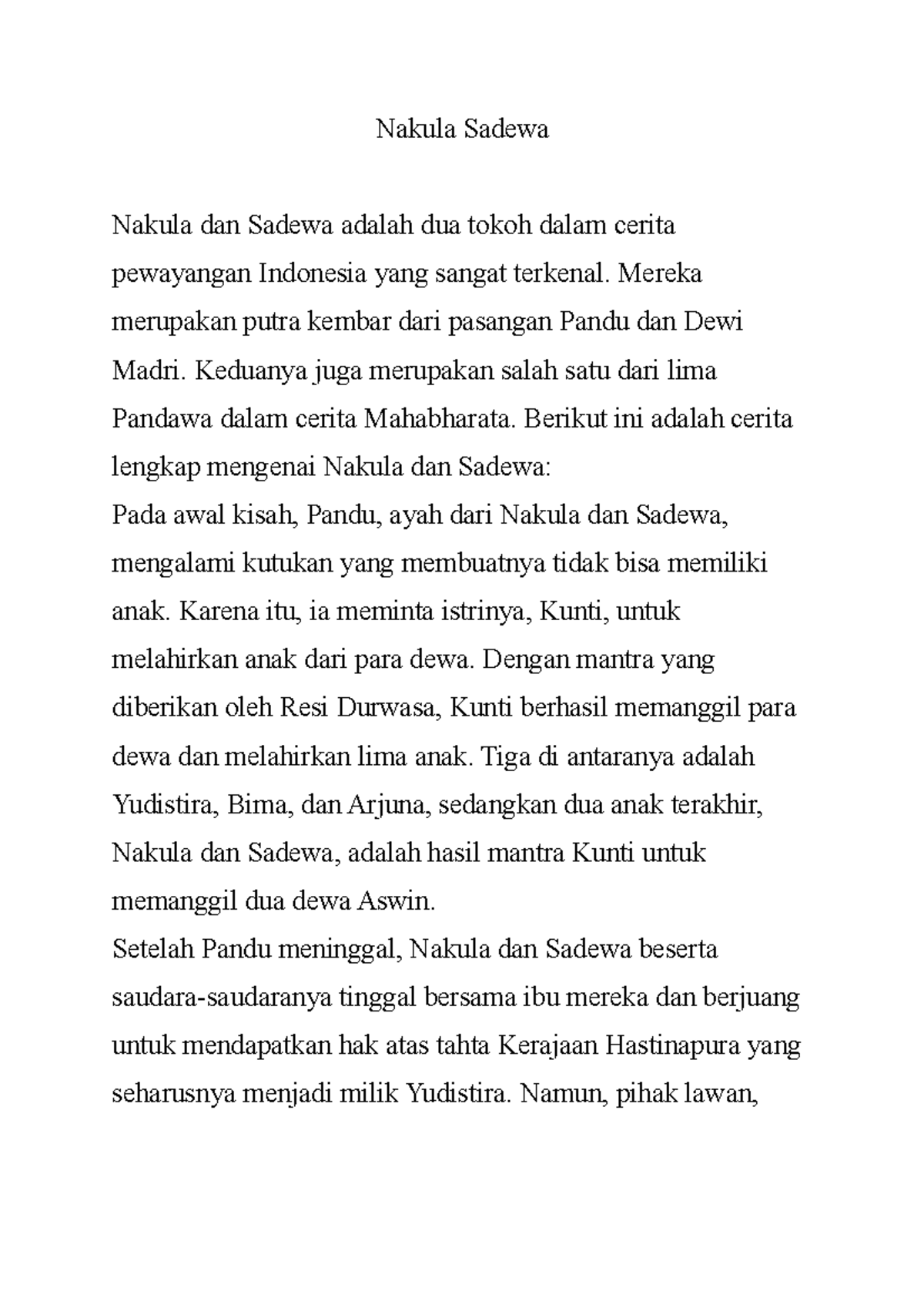 Kisah Nakula dan Sadewa: Pahlawan Pandawa dalam Pewayangan - Studocu