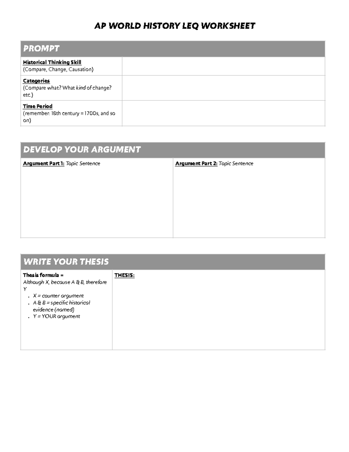AP World History LEQ Organizer Template for Argument Development - Studocu