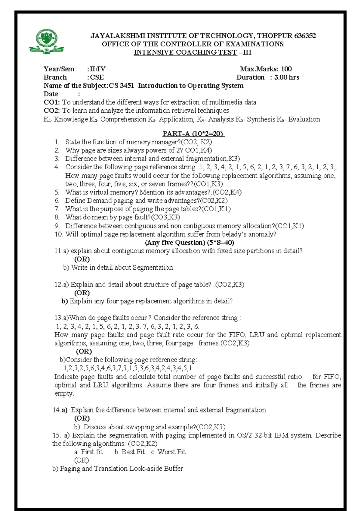 CS 3451 Operating Systems Intensive Coaching Test IV Question Paper ...