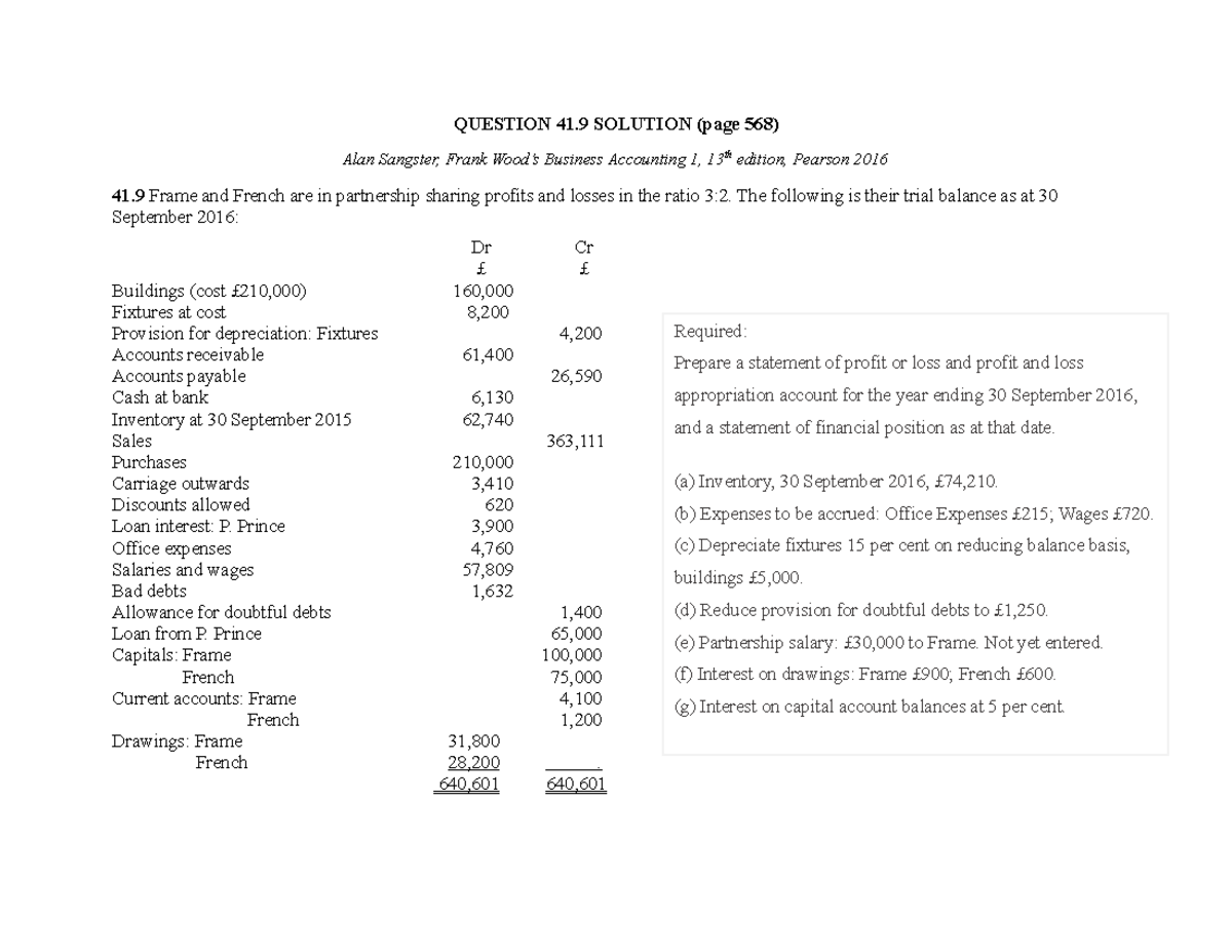 Question 41.9 - Frame and French Partnership Financial Statements - Studocu