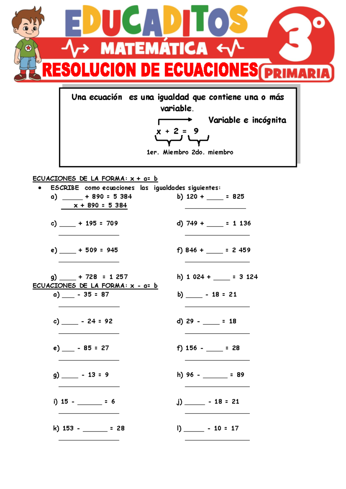 Resolución de Ecuaciones para 3er Grado de Primaria - Ejercicios y ...