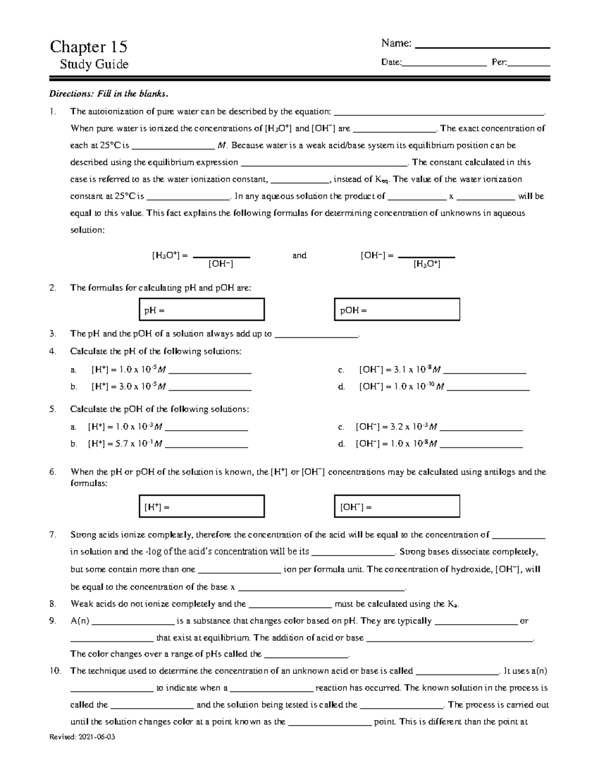 Chapter 15 - Chemistry Study Guide: Autoionization & pH Calculations ...