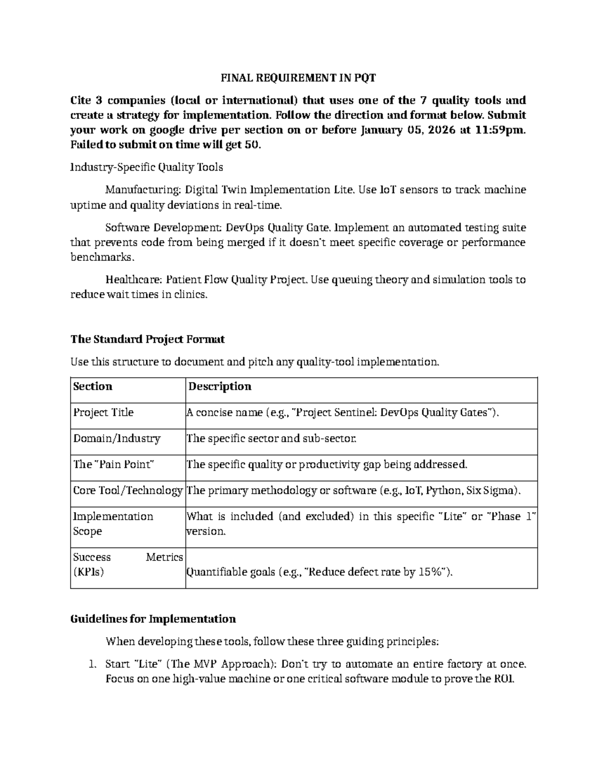 FINAL REQUIREMENT IN PQT: Quality Tools Implementation Strategies - Studocu