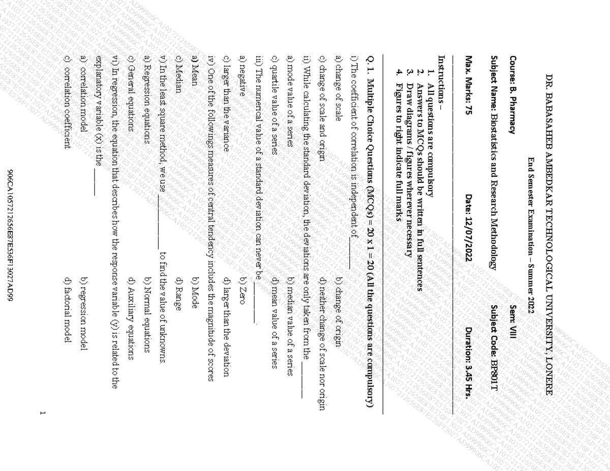 Biostatistics and Research Methodology Exam Notes (BP801T) - Studocu