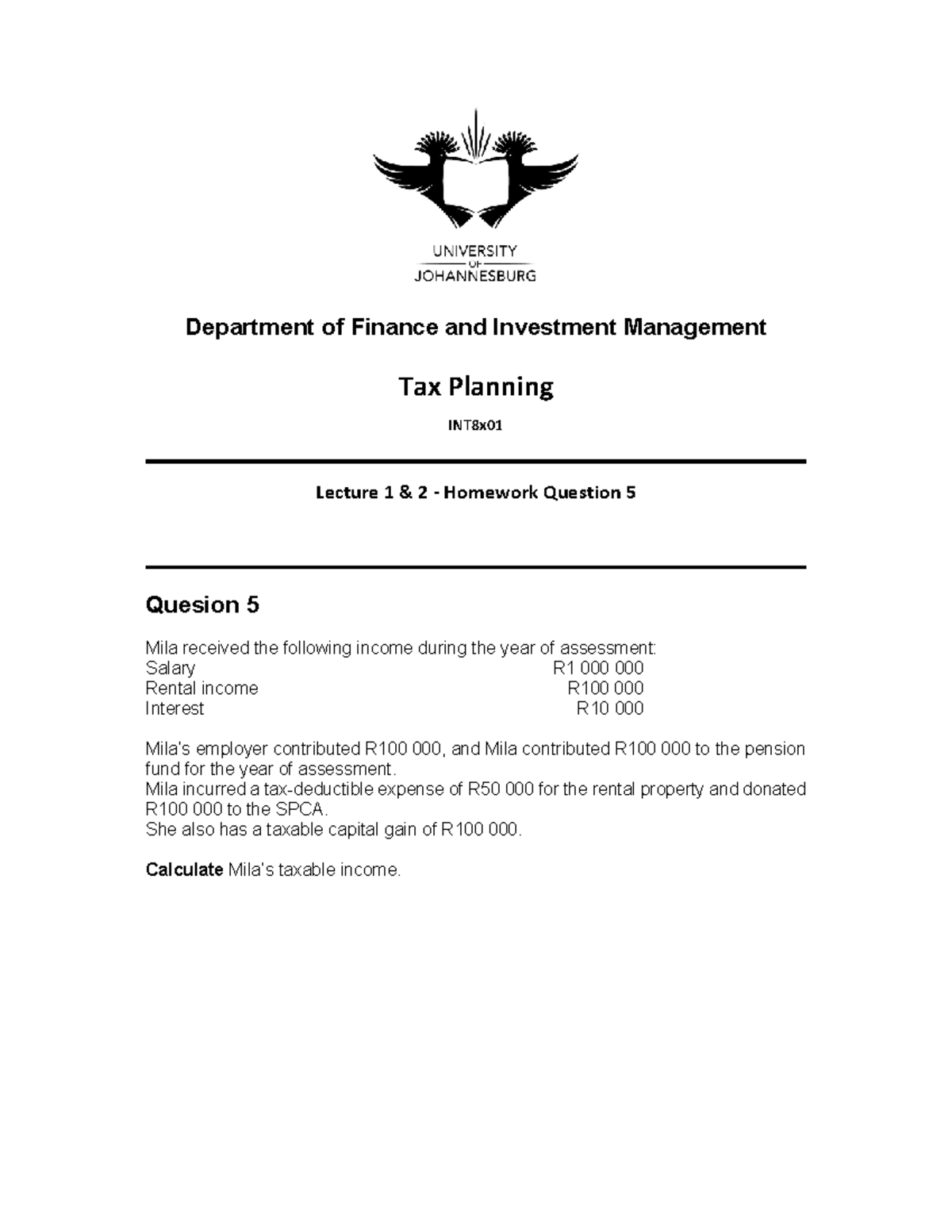 Homework question 5 - Calculation of income tax liability. - Department ...