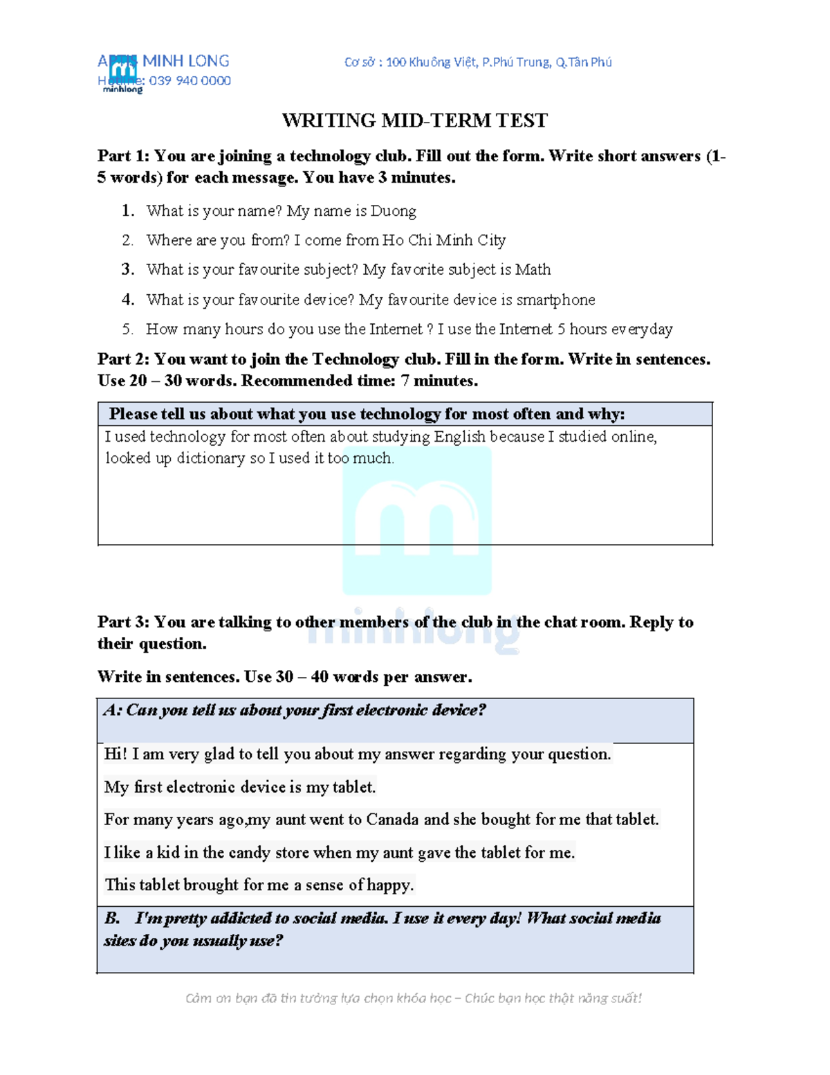 Writing Midterm - Hotline: 039 940 0000 WRITING MID-TERM TEST Part 1 ...