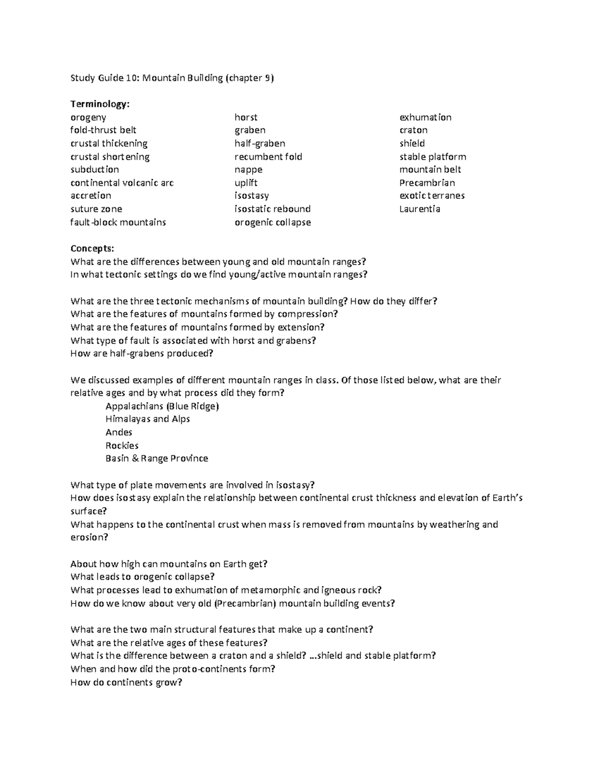Study Guide 10: Mountain Building Concepts & Terminology - Studocu