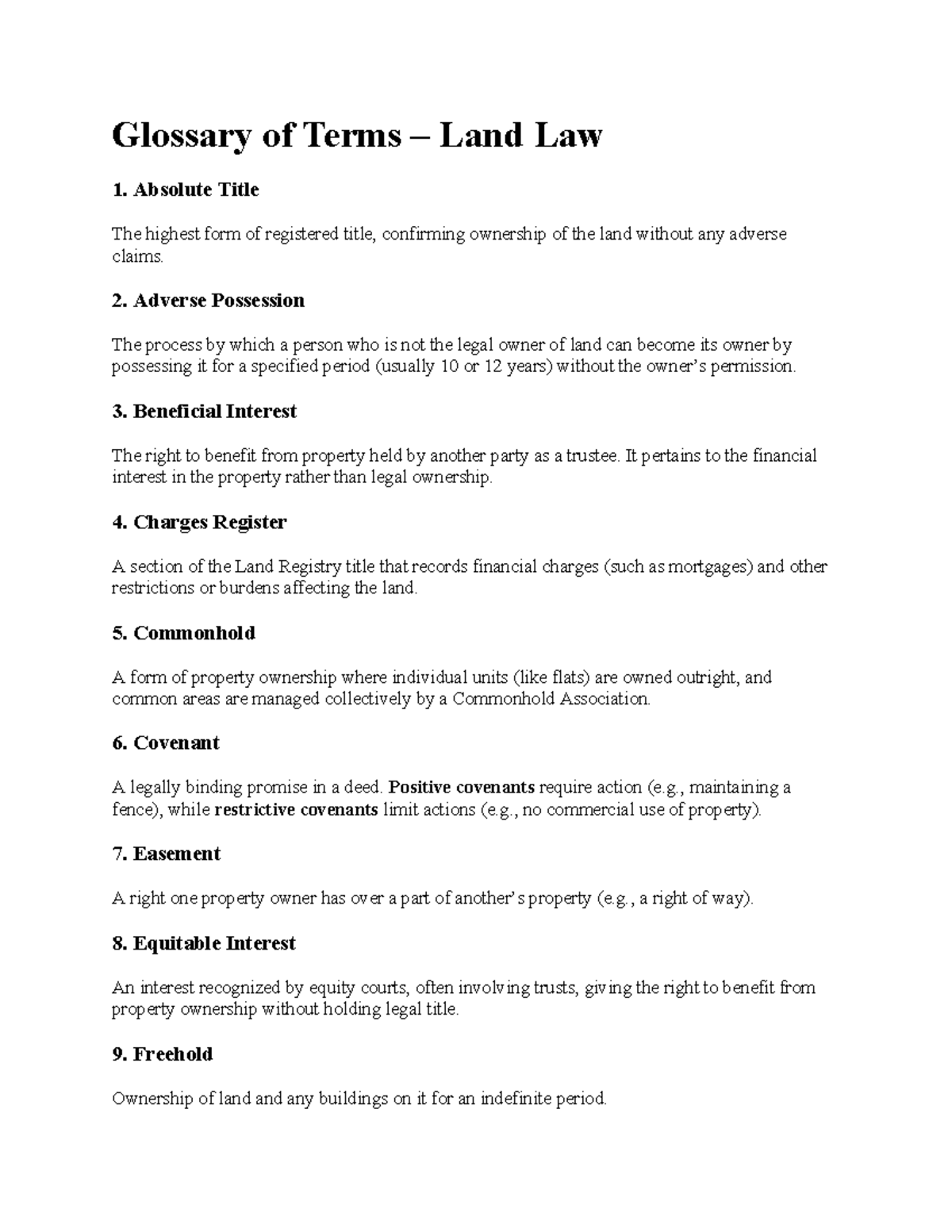 Glossary of Terms - Land Law - Glossary of Terms – Land Law 1. Absolute ...