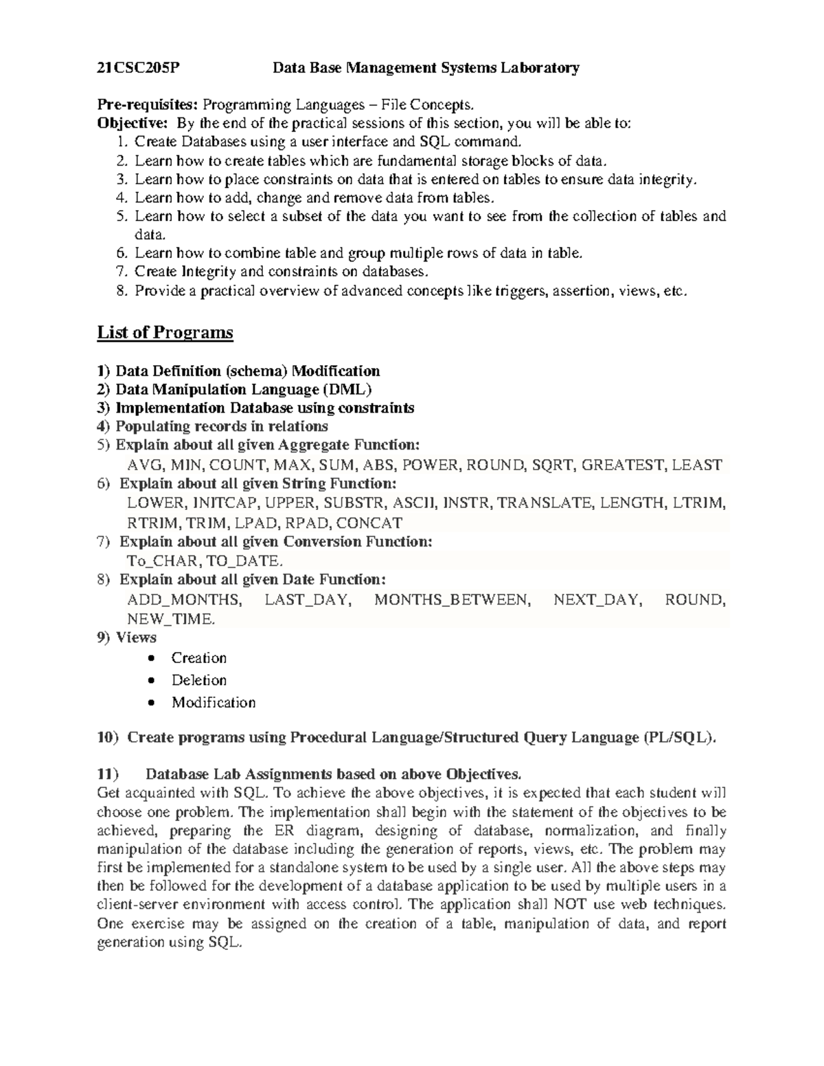 CSC205P DBMS Assignment: Data Base Management Lab Overview - Studocu