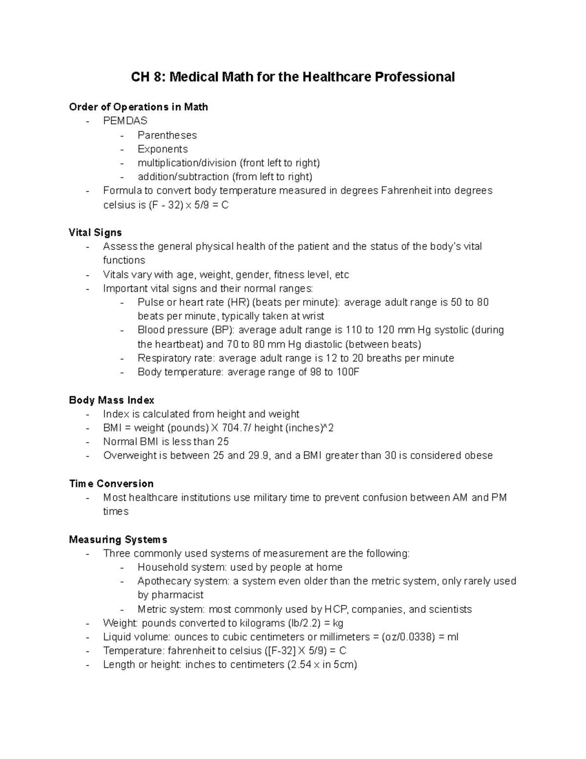 CH 8 Medical Math Overview for Healthcare Professionals - Studocu