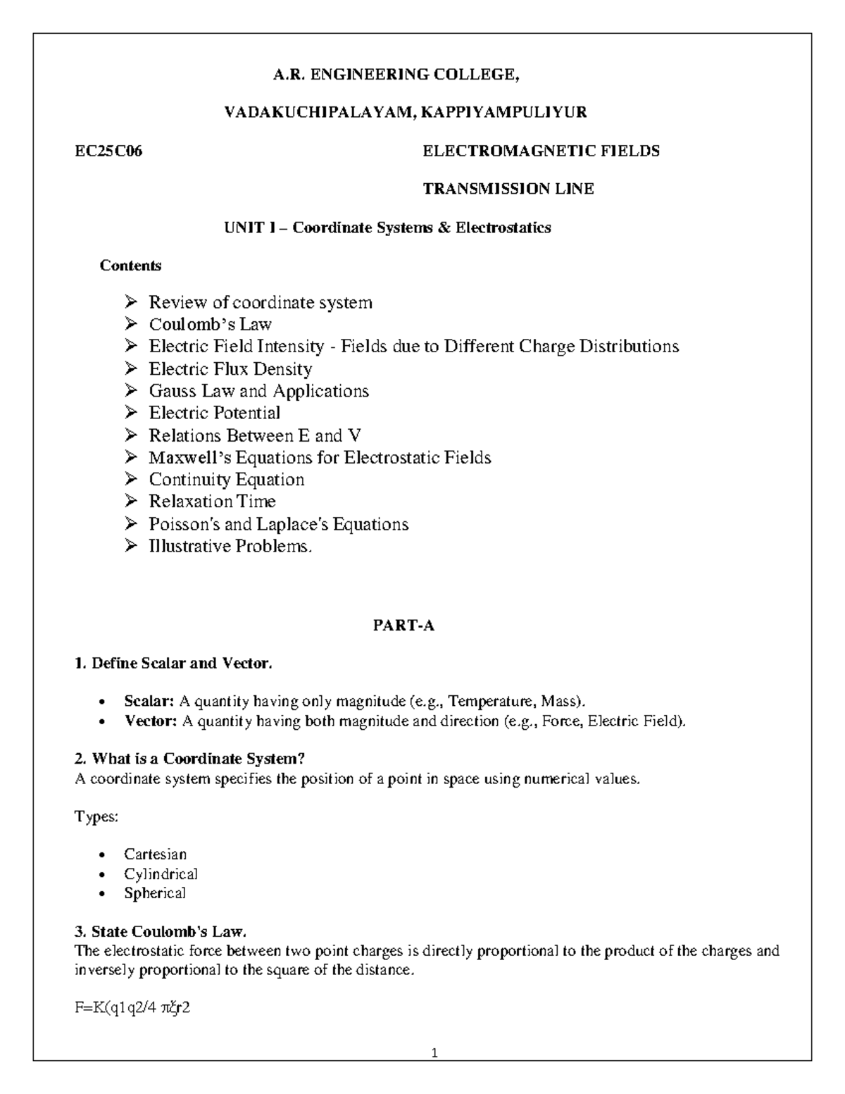 EMTL EC25C06: Electromagnetic Fields Unit I - Coordinate Systems ...