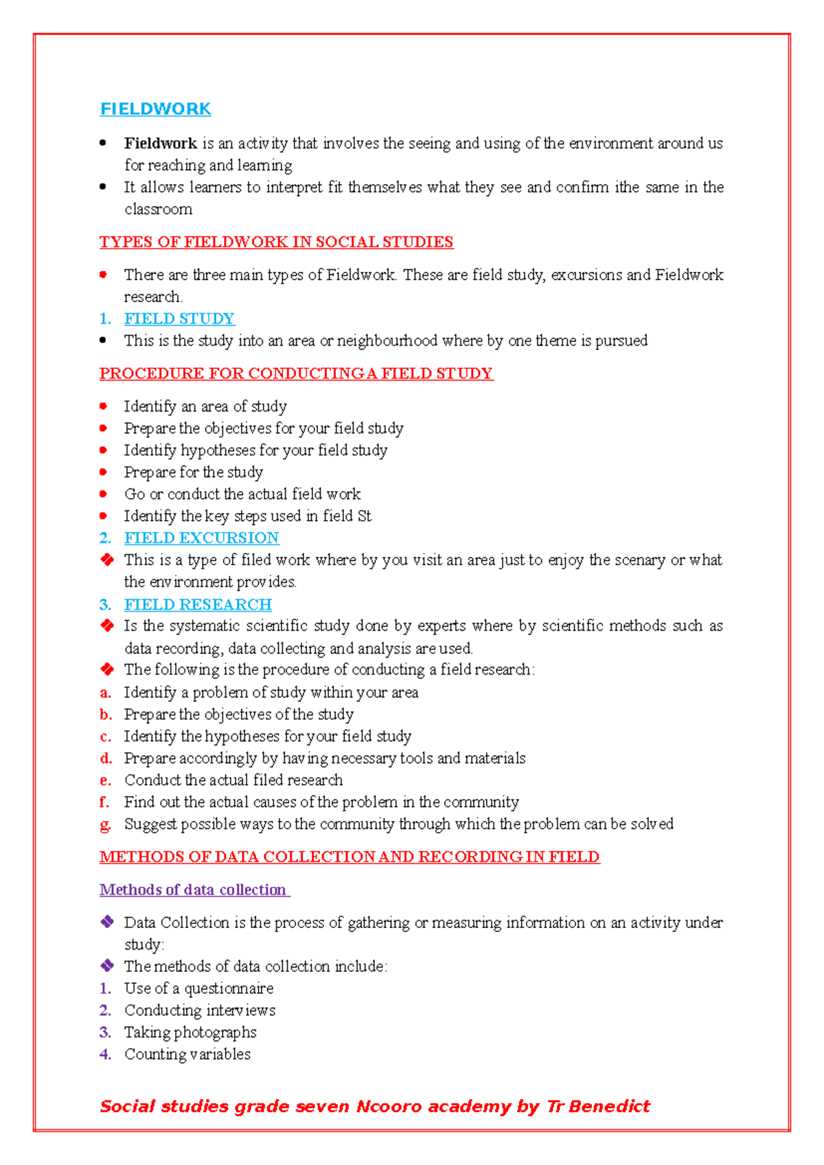 Social Studies Grade 7: Fieldwork Types, Methods, and Challenges - Studocu
