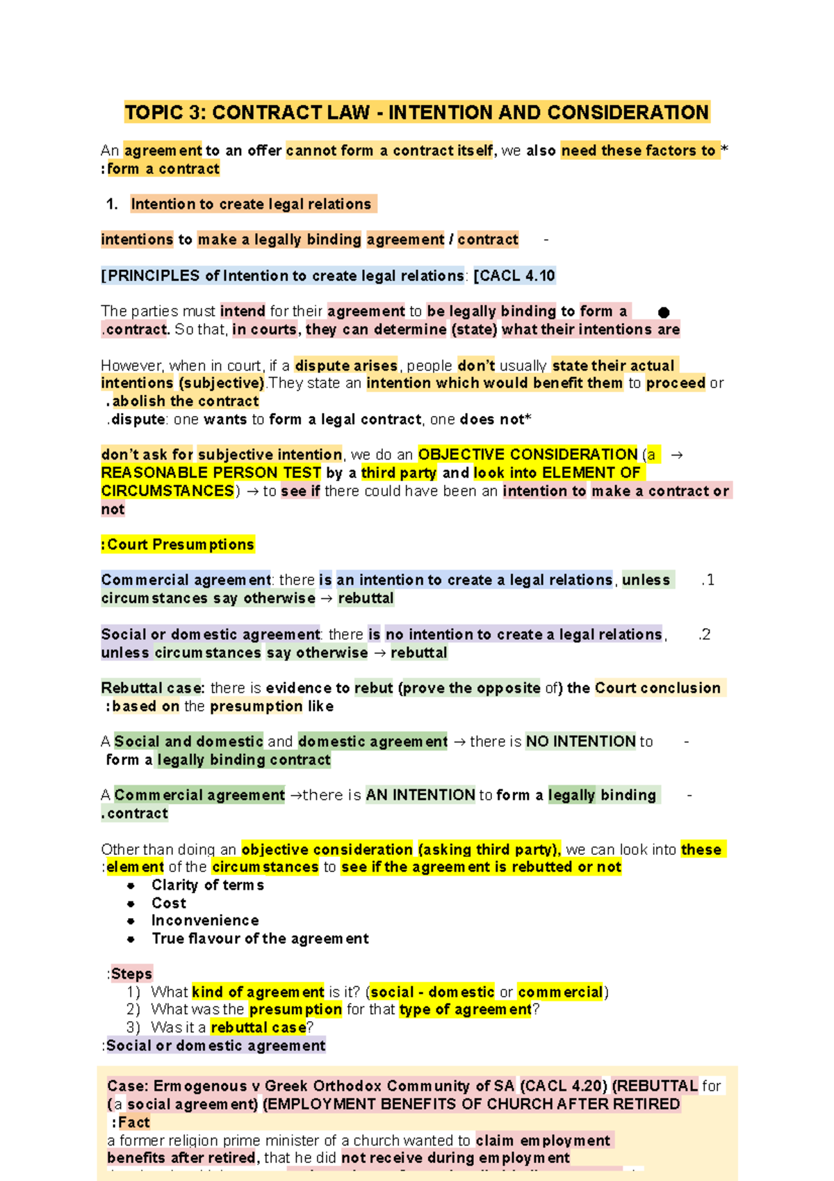 Lecture (3+4+5) - Week 3+4+5 - TOPIC 3: CONTRACT LAW - INTENTION AND ...