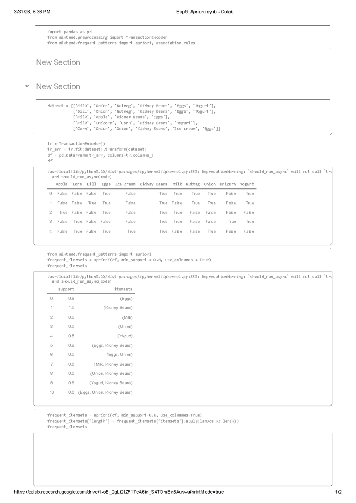 Exp9: Apriori Algorithm Implementation in Colab - Studocu
