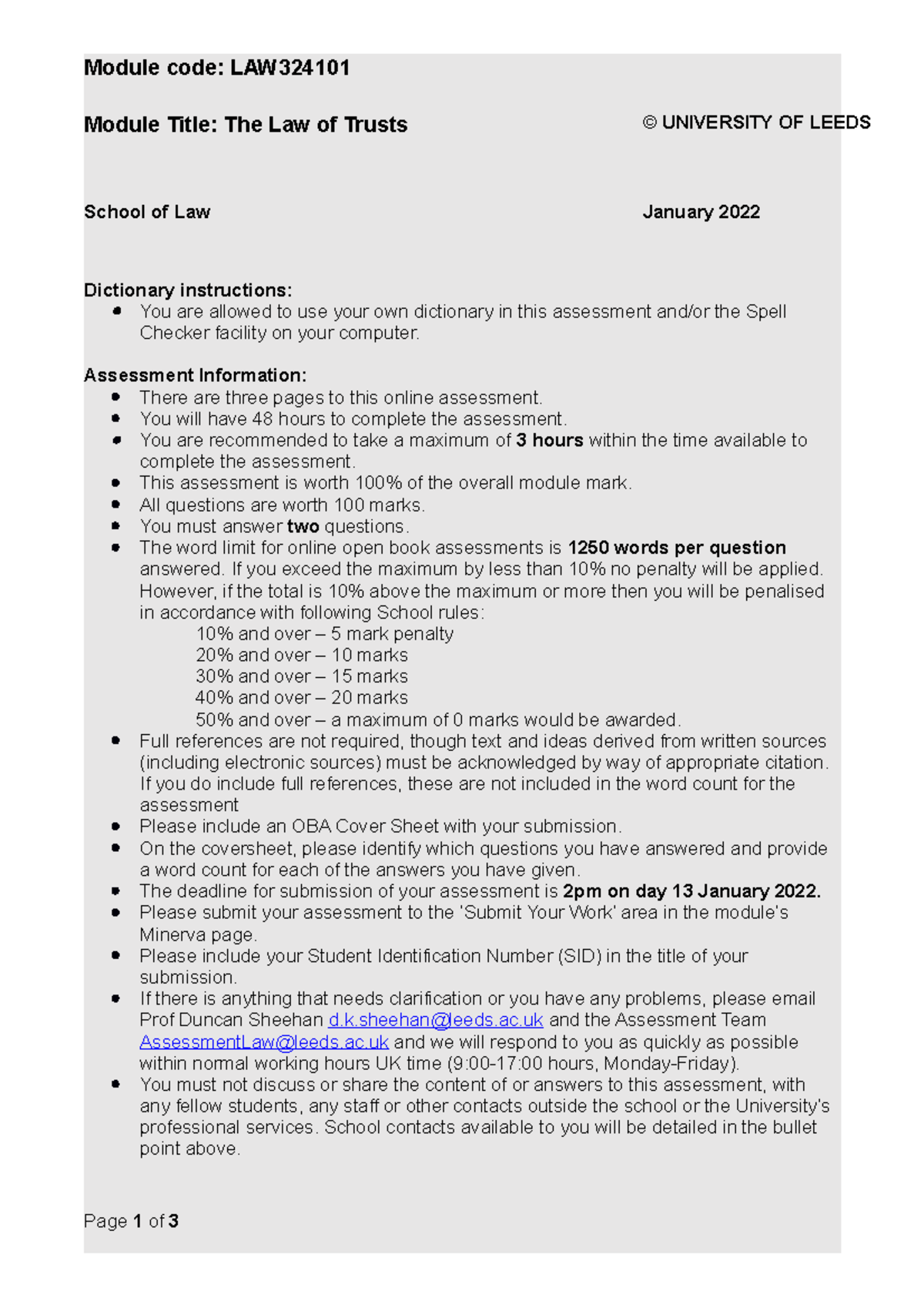 LAW3241 Trusts OBA Jan22 - Module code: LAW Module Title: The Law of ...