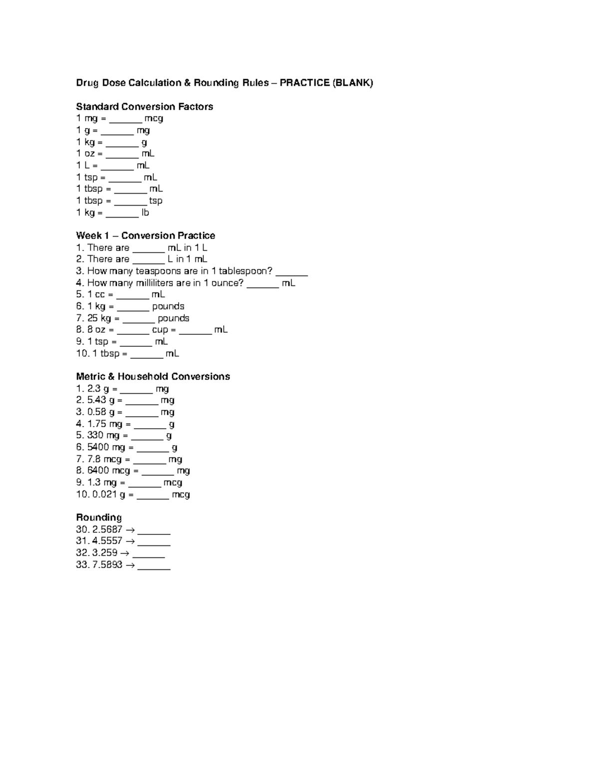 Drug Dose Calculation Practice (BLANK) - Rounding Rules & Conversions ...