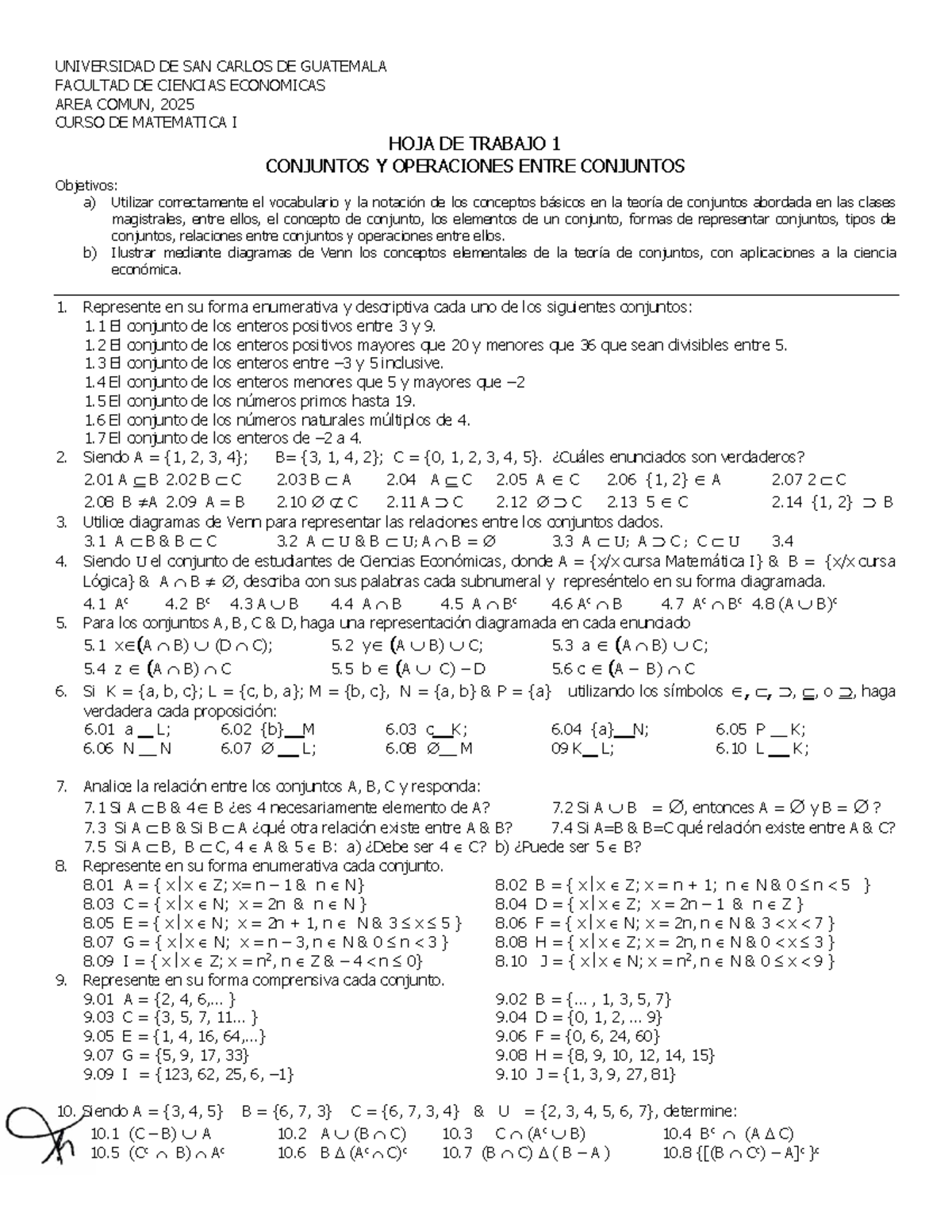 MI 2025 HOJA DE TRABAJO 1: Conjuntos y Operaciones Matemáticas - Studocu