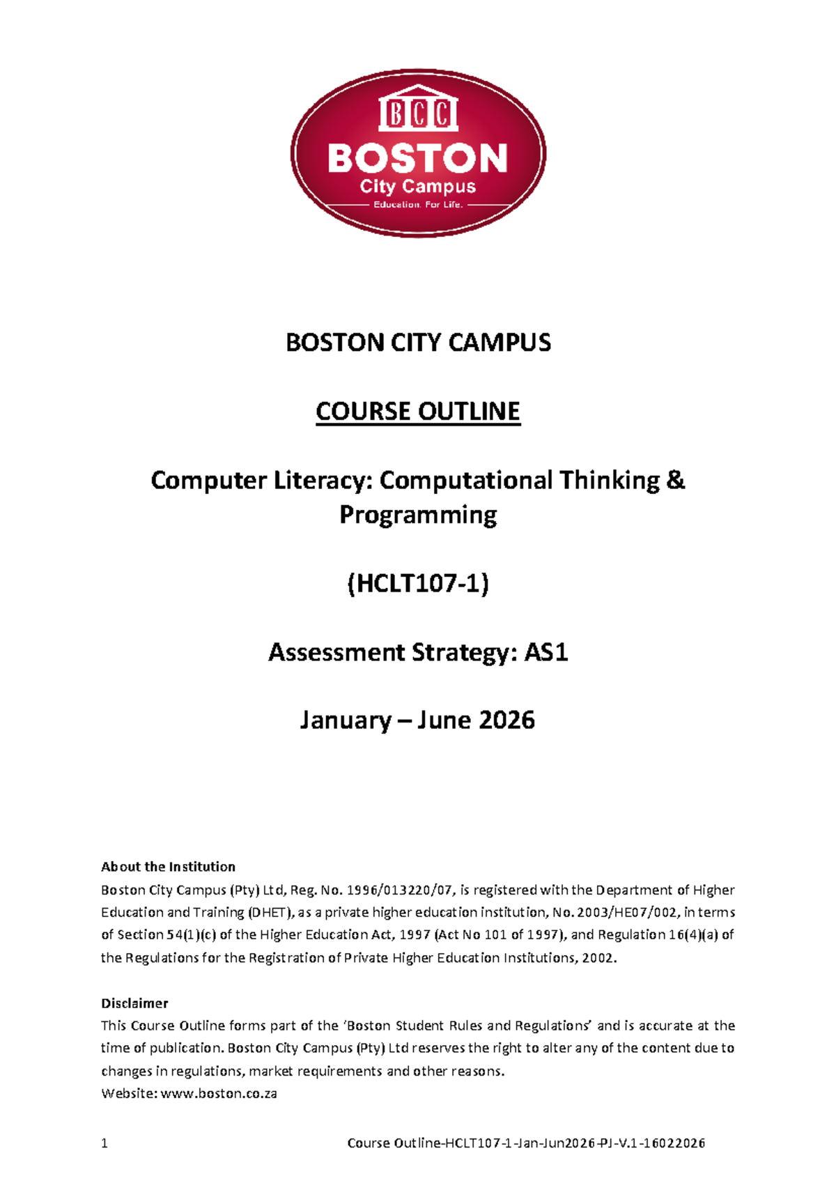 Course Outline HCLT107: Computer Literacy & Programming (Jan-Jun 2026 ...