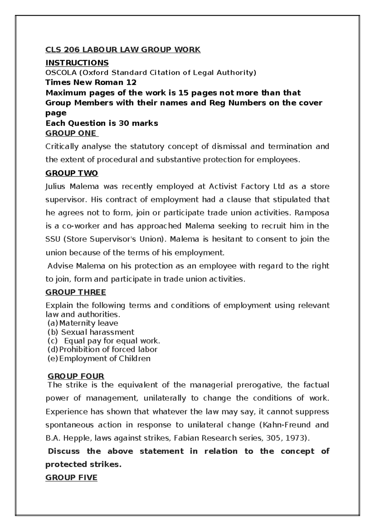 CLS 206 Labour Law Group Work: Analysis & Legal Advice on Employment ...
