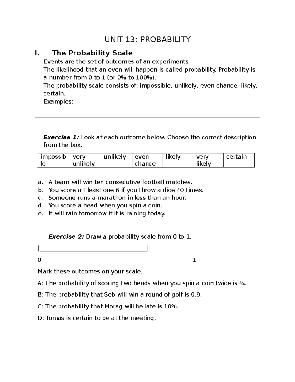 UNIT 13: PROBABILITY I - Summary & Exercises on Probability Concepts ...