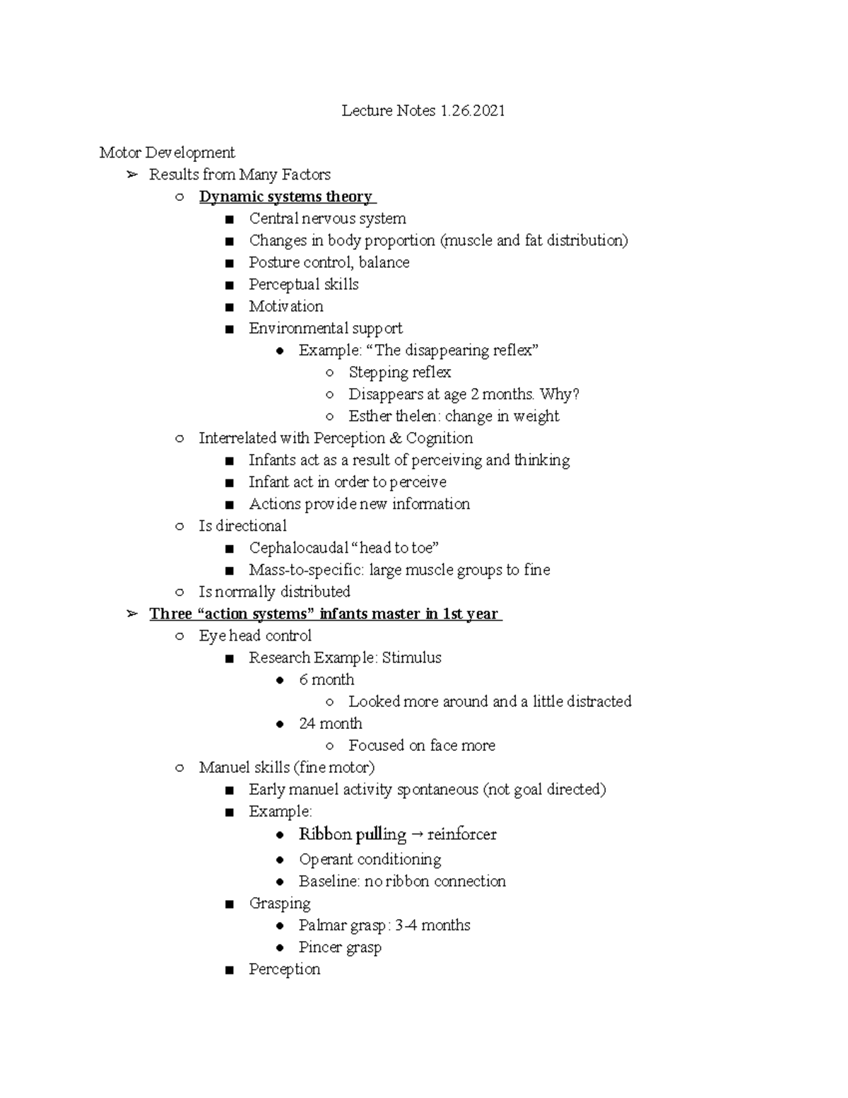 PSYC 101 - Lecture Notes on Motor Development and Action Systems - Studocu