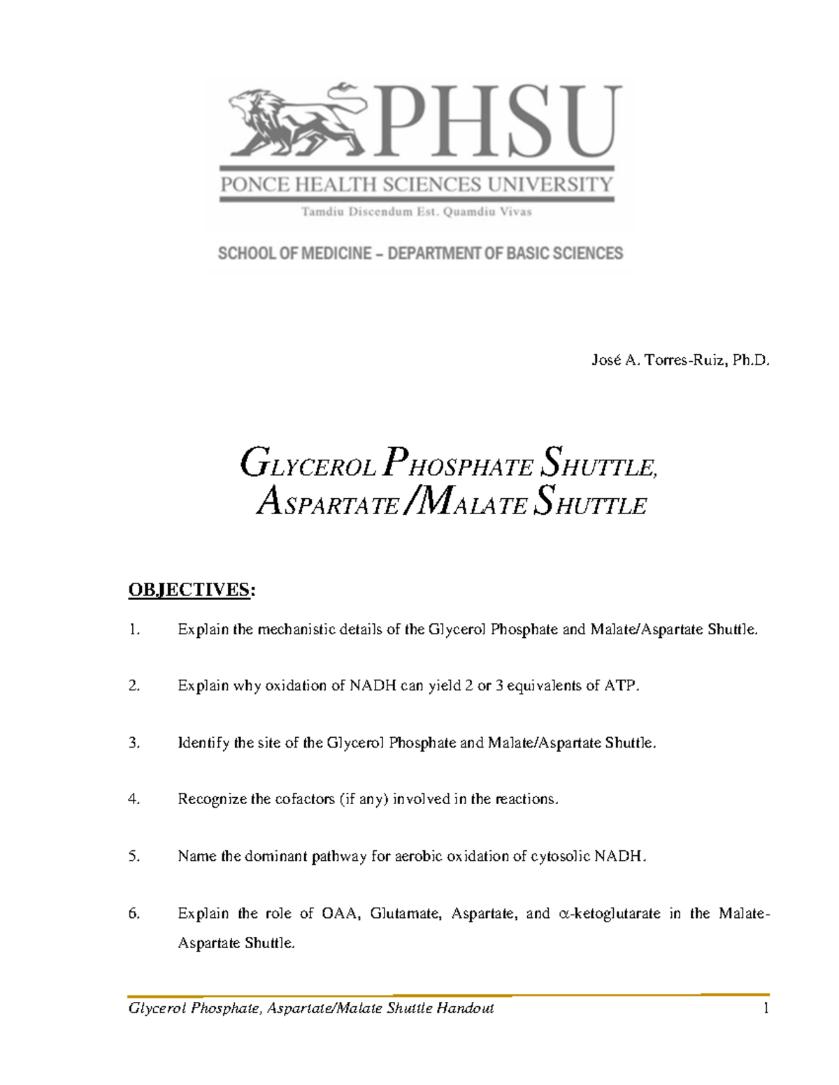 Glycerol Phosphate and Malate/Aspartate Shuttle Overview (Lecture Notes ...