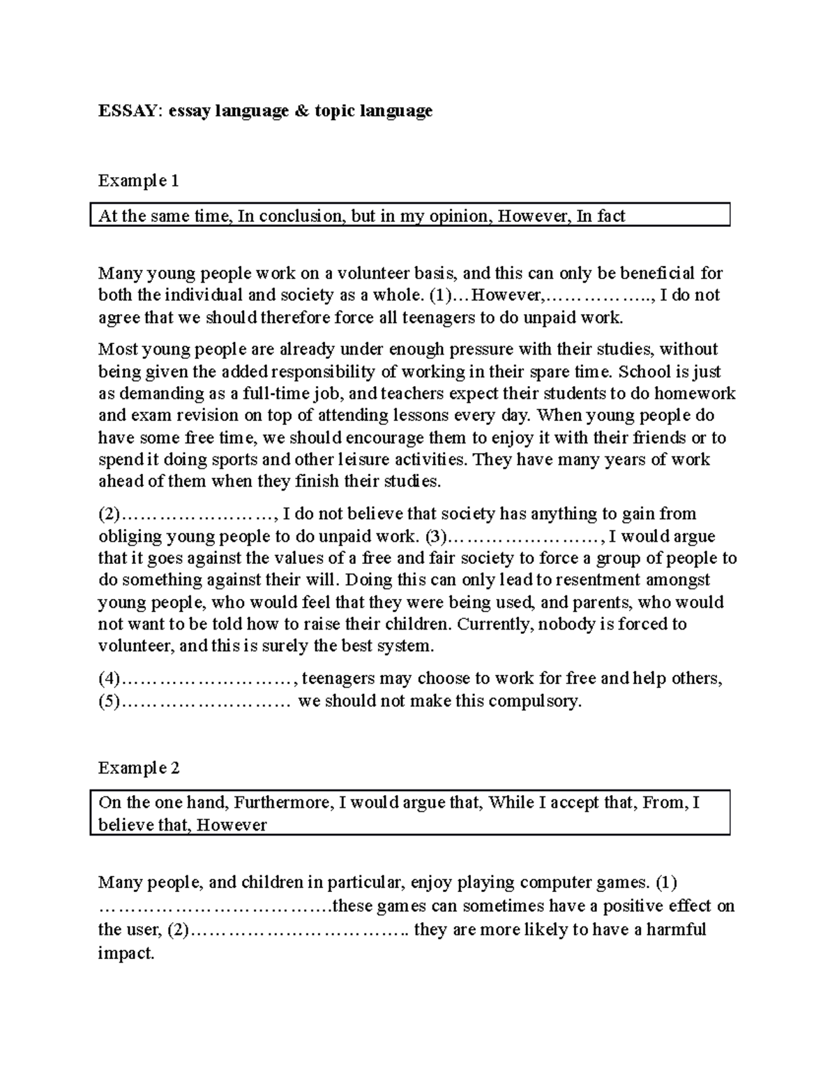 Essay language-exercises - ESSAY: essay language & topic language ...