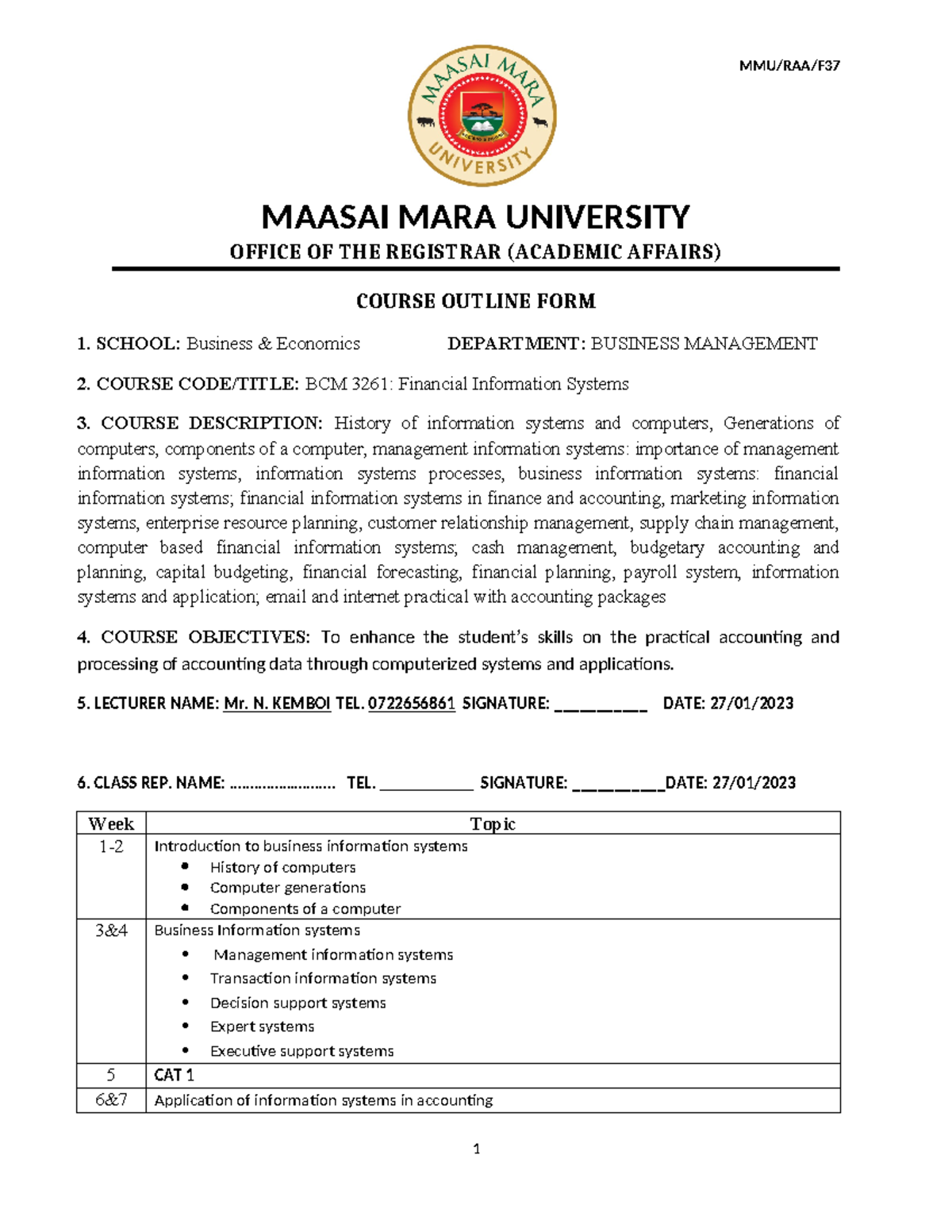 BCM 3261 Financial Informatio Systems course outline - MMU/RAA/F MAASAI ...