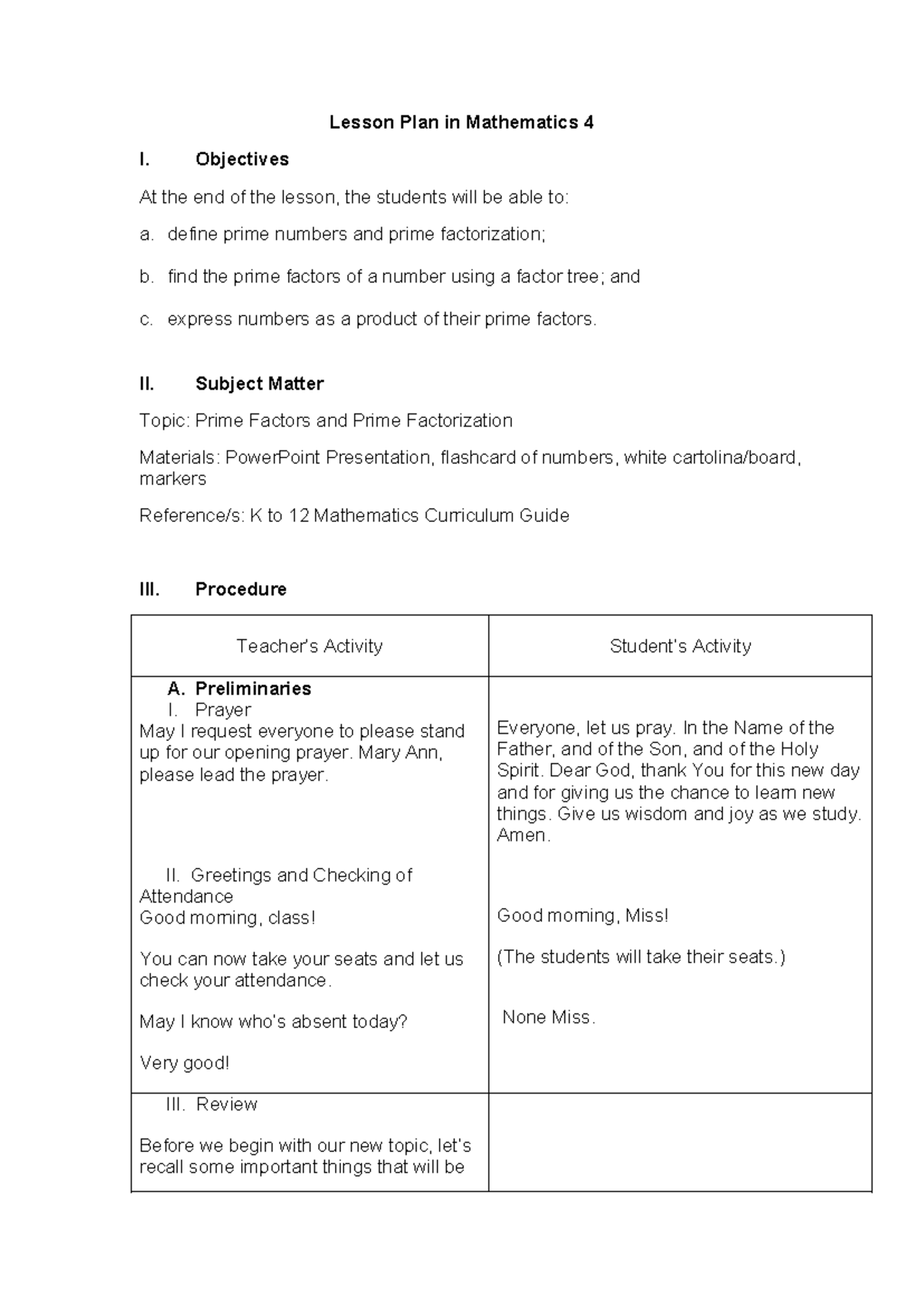 Lesson Plan in Mathematics 4: Prime Factors & Factorization Techniques ...