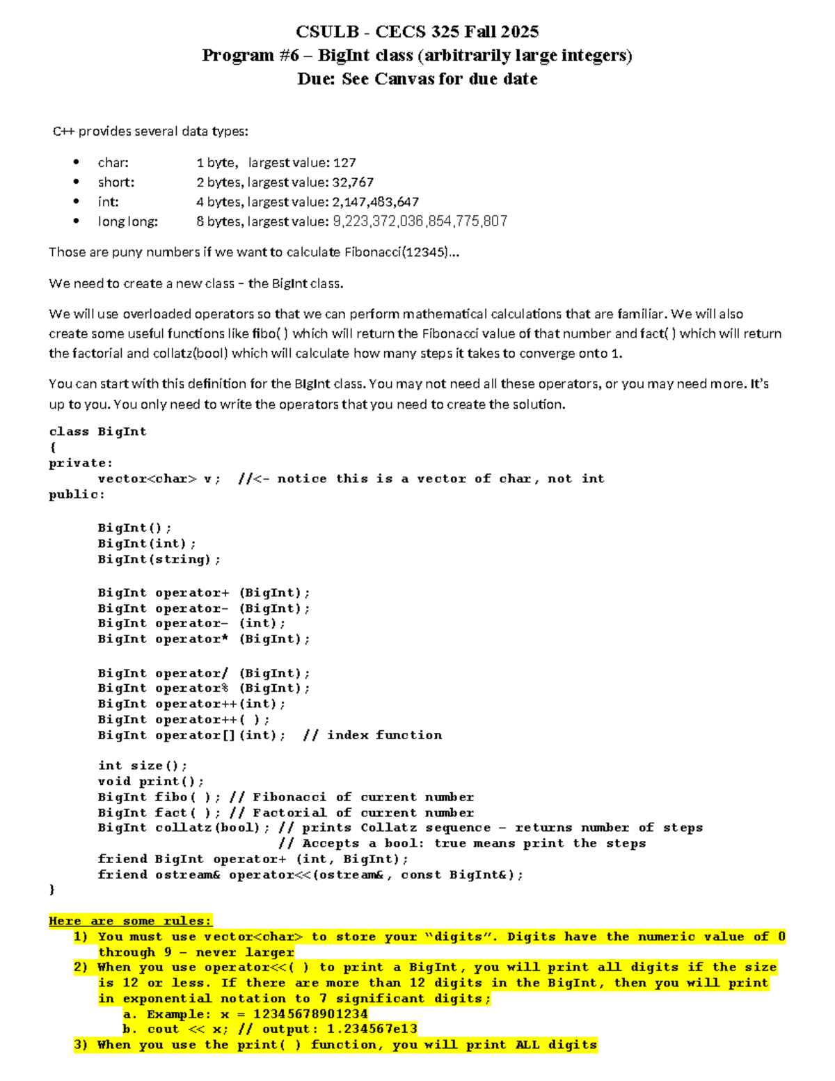 CSULB CECS 325 Fall 2025 BigInt Class Implementation Guide - Studocu