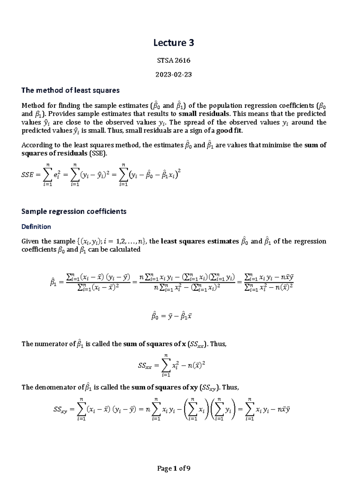 STSA 2616 Lecture 3: The Method of Least Squares Explained - Studocu