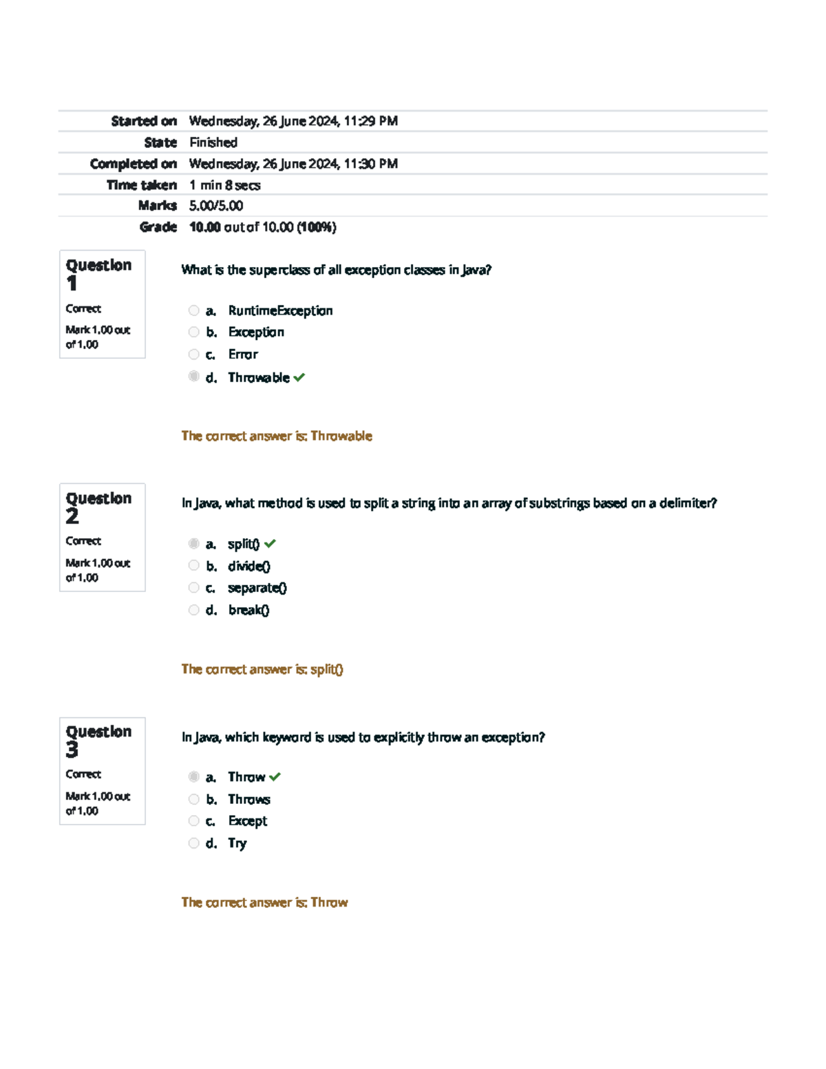 Self-Quiz Unit 1 Attempt review Home - Question 1 Correct Mark 1 out of ...