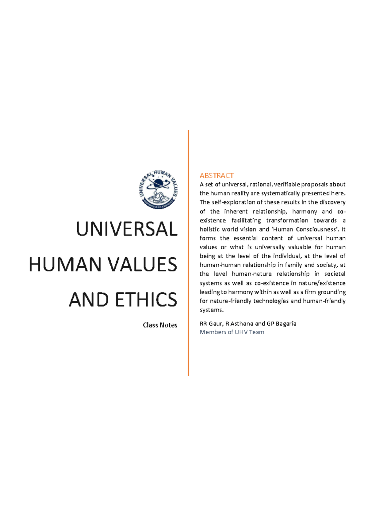 UHV101 Class Notes: Universal Human Values and Ethics Overview - Studocu