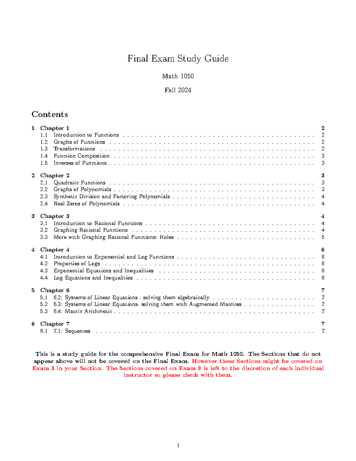 Math 1050 Final Exam Comprehensive Study Guide - Studocu