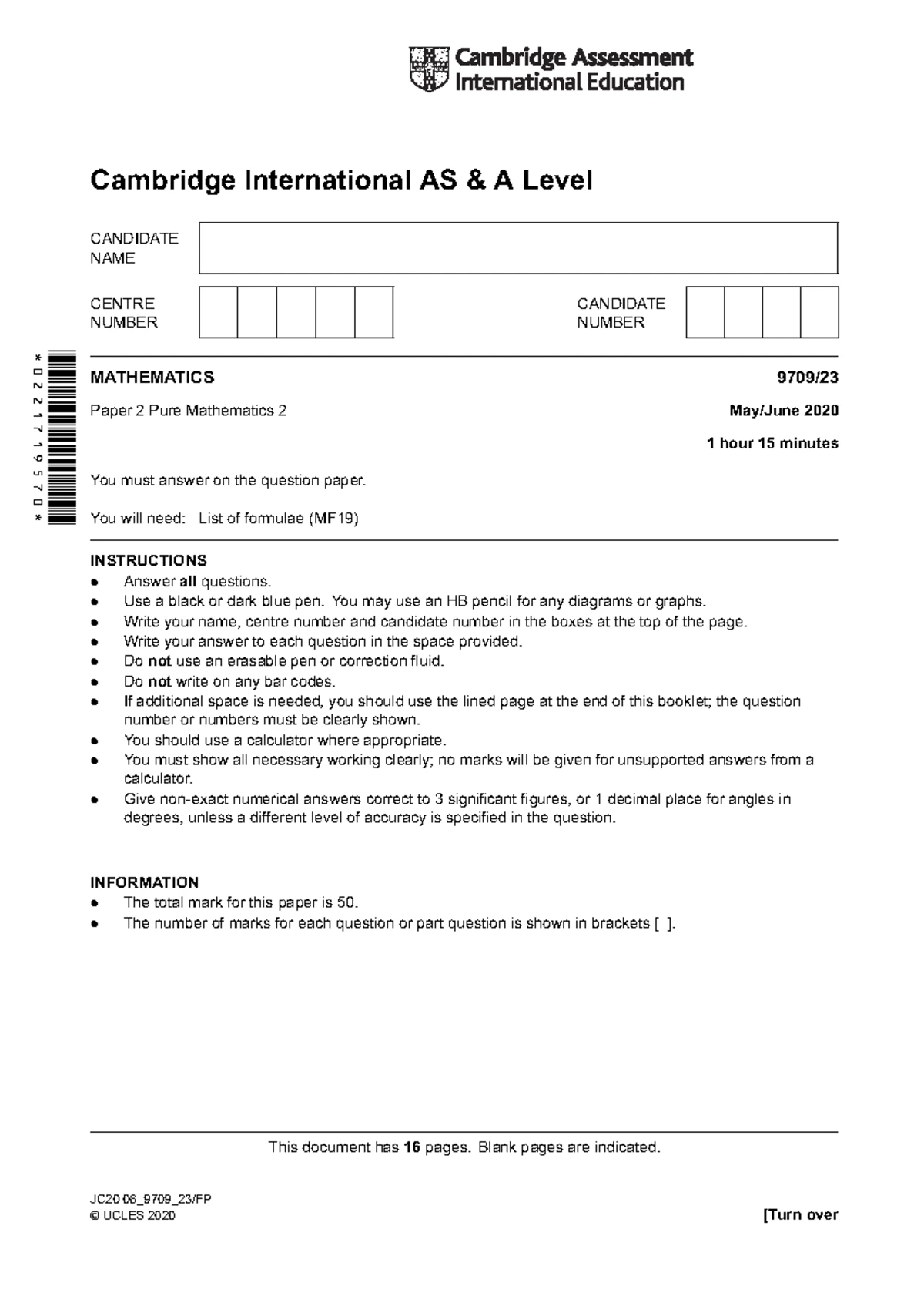 Mathematics 9709 Paper 2 Pure Mathematics 2 May/June 2020 Exam QP - Studocu