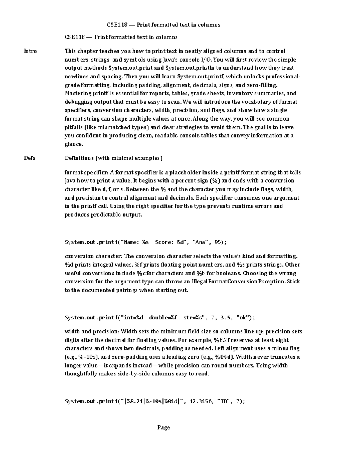 CSE118 - Print Formatted Text in Columns - Studocu