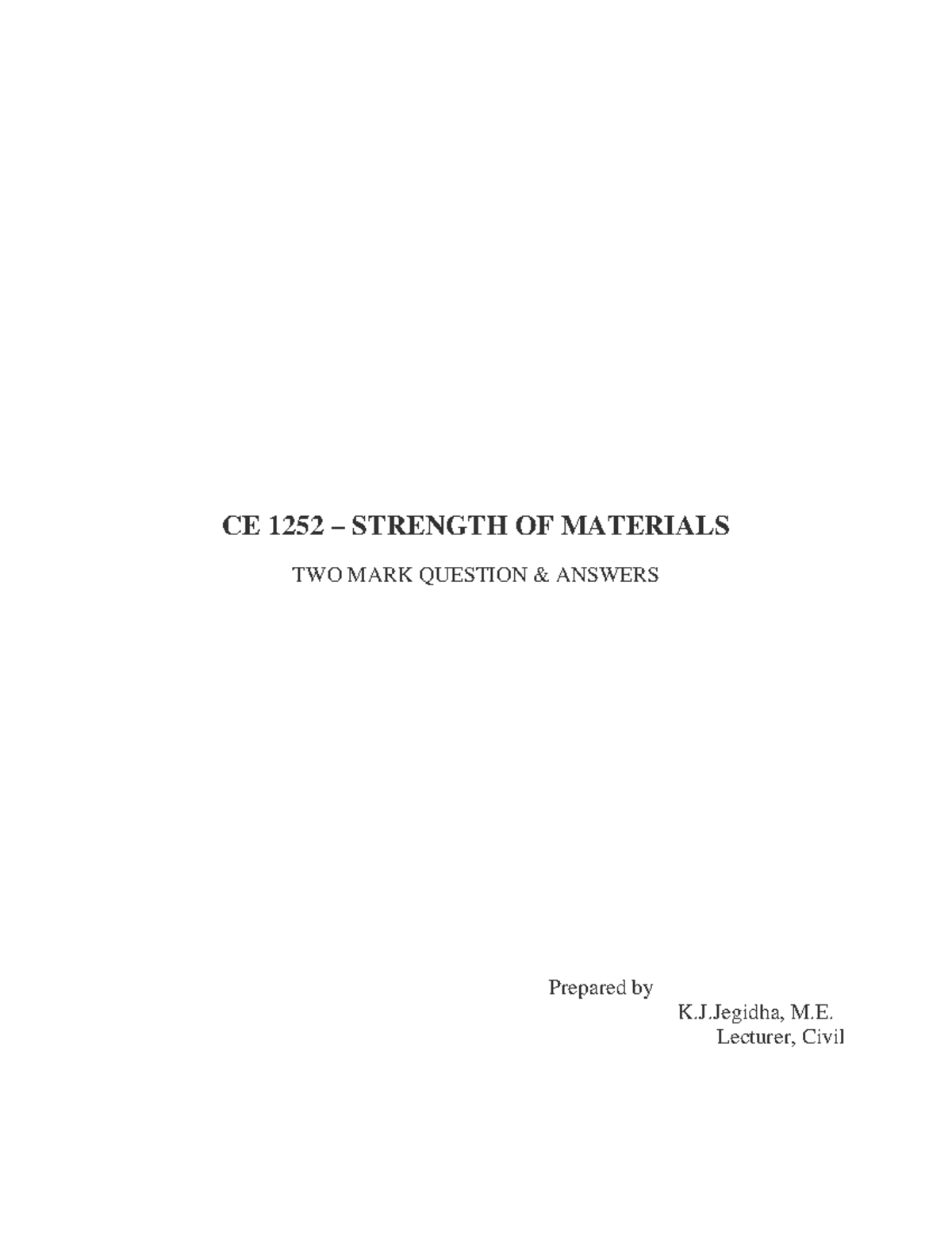 CE 1252 Strength of Materials: Two Mark Q&A Notes - Studocu