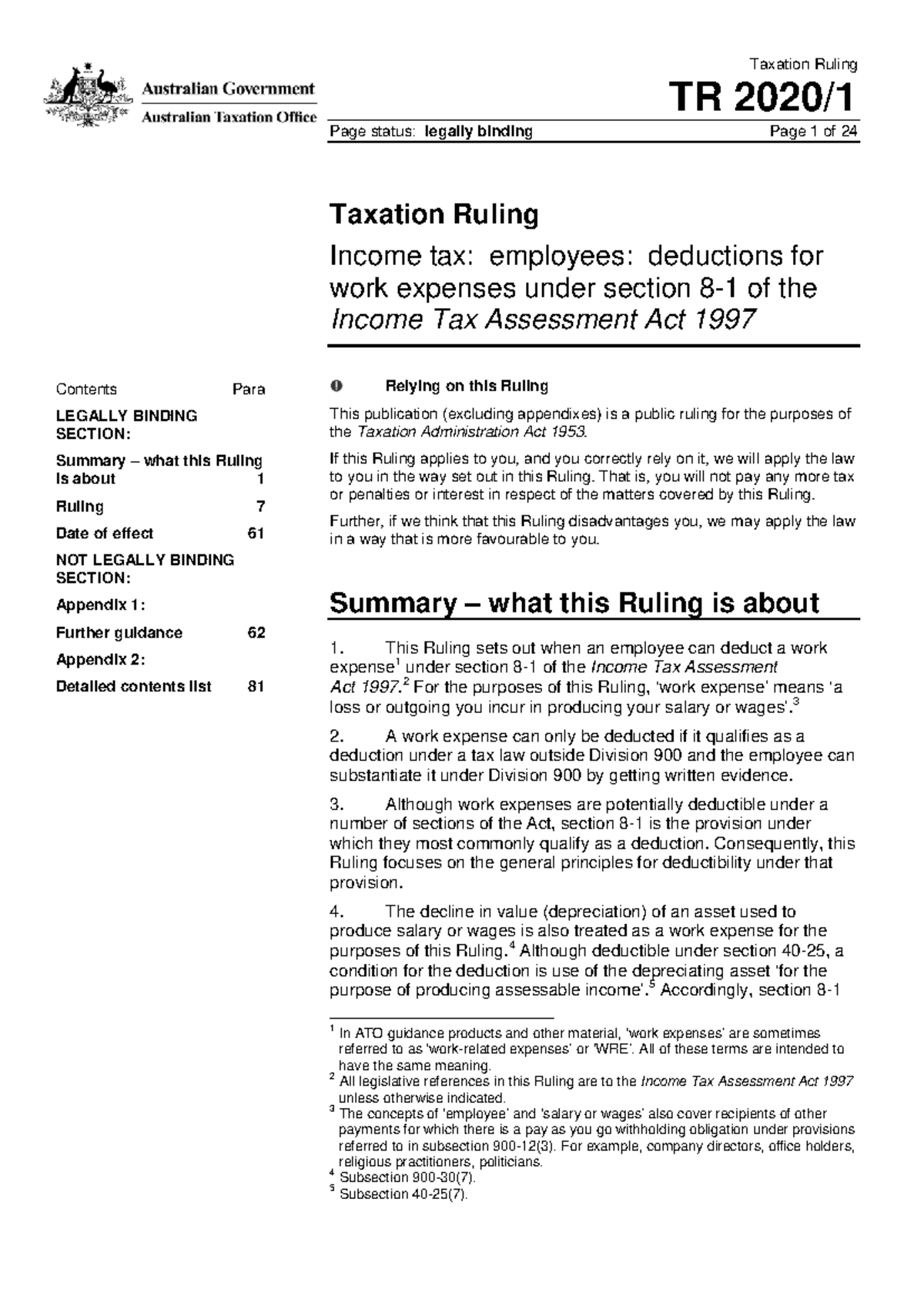 Taxation Ruling TR 2020-001: Employee Deductions for Work Expenses ...