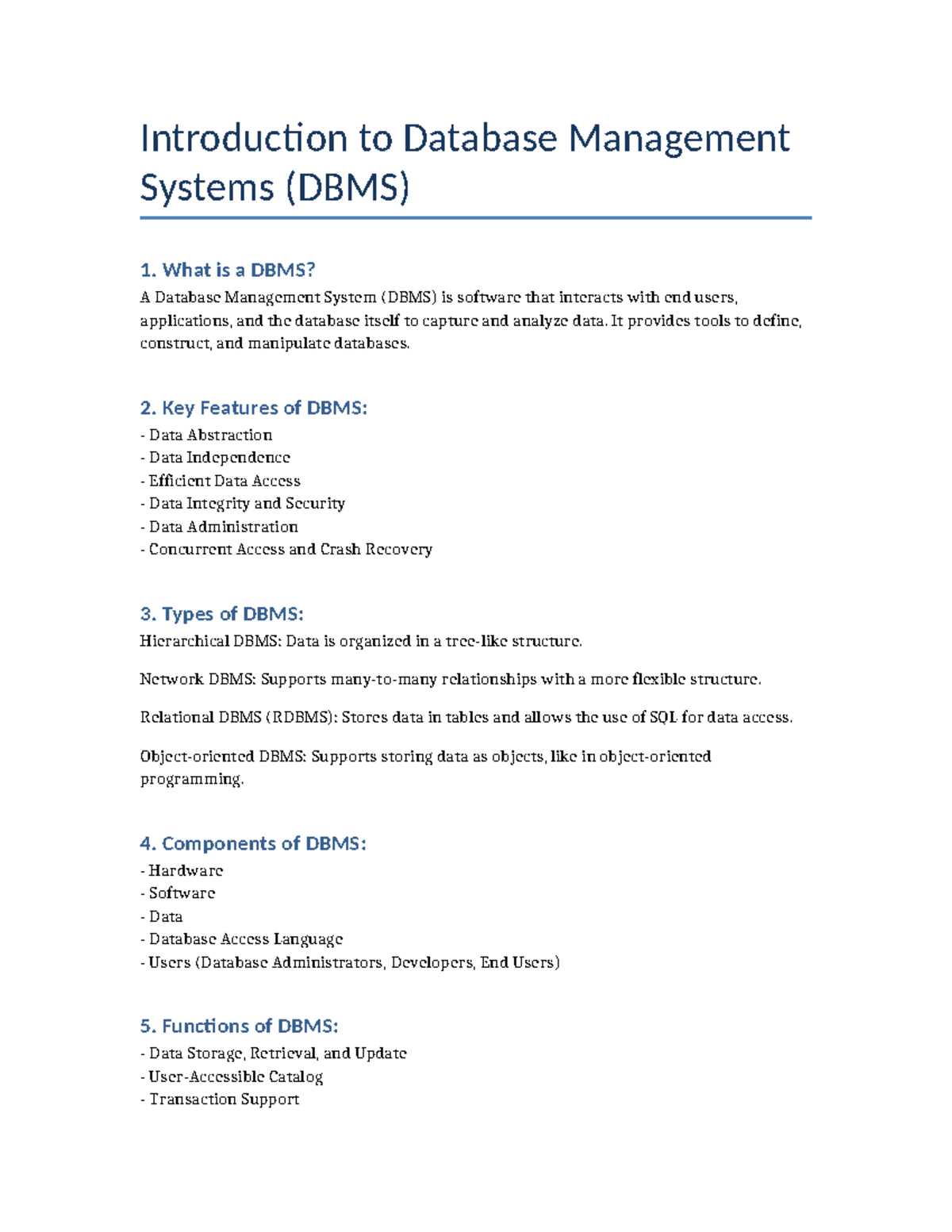 DBMS Basics: Introduction to Database Management Systems (DBMS) Final ...