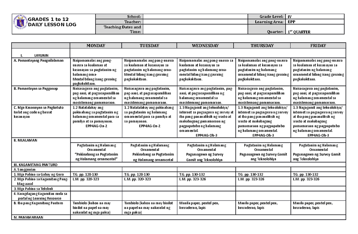DLL EPP 4 Q1 W1 - DLL sample - GRADES 1 to 12 DAILY LESSON LOG School ...