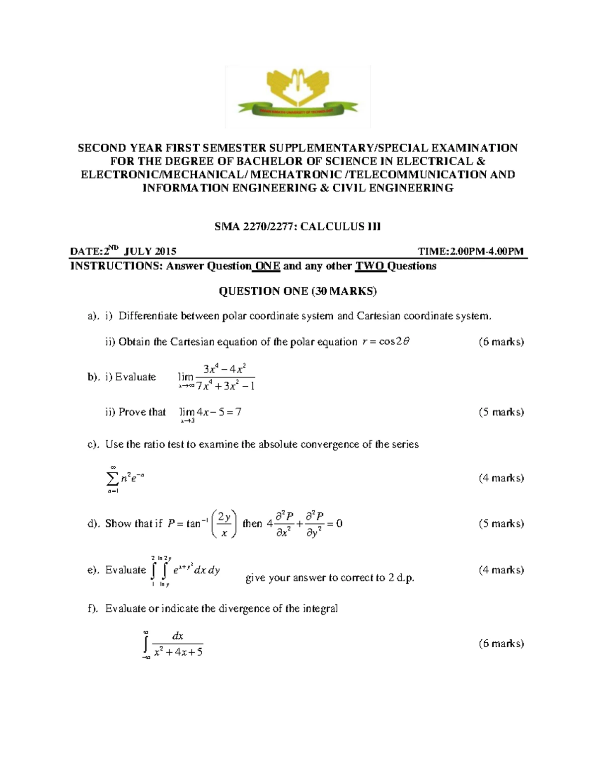 SMA 2270: Calculus III Exam Questions and Solutions - Aug 2010 - Studocu