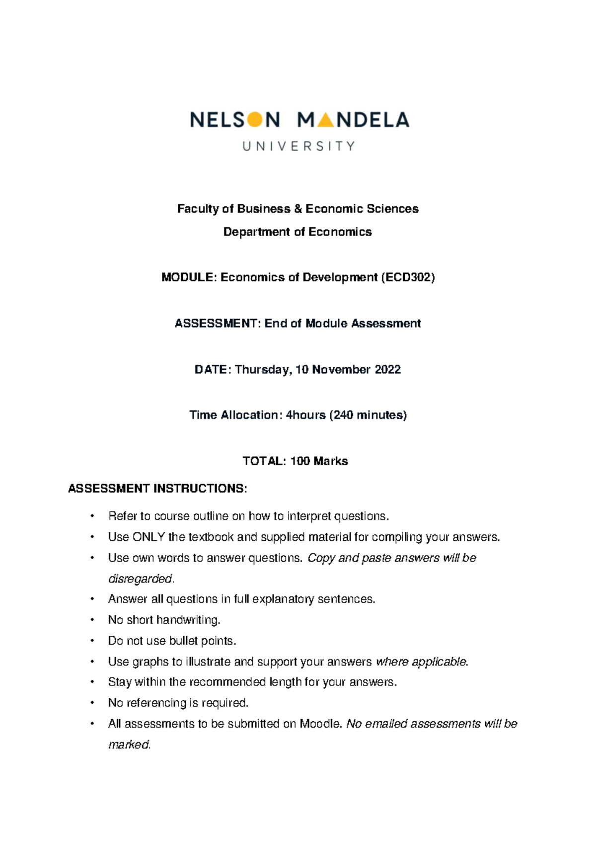 ECD302 EMA Question Paper: Public Economics & Malawi's Development ...