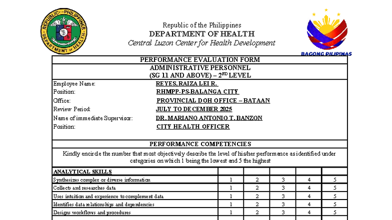 Reyes LGU PES SG 11 Above Performance Evaluation Form - Studocu