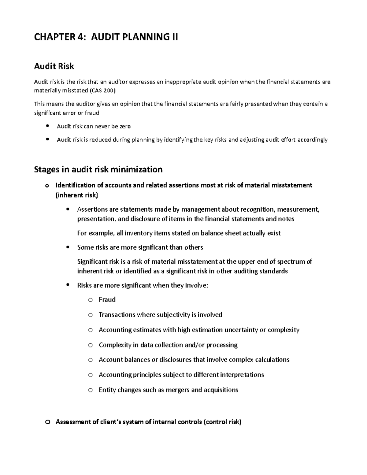 Chapter 4 - CHAPTER 4: AUDIT PLANNING II Audit Risk Audit risk is the ...
