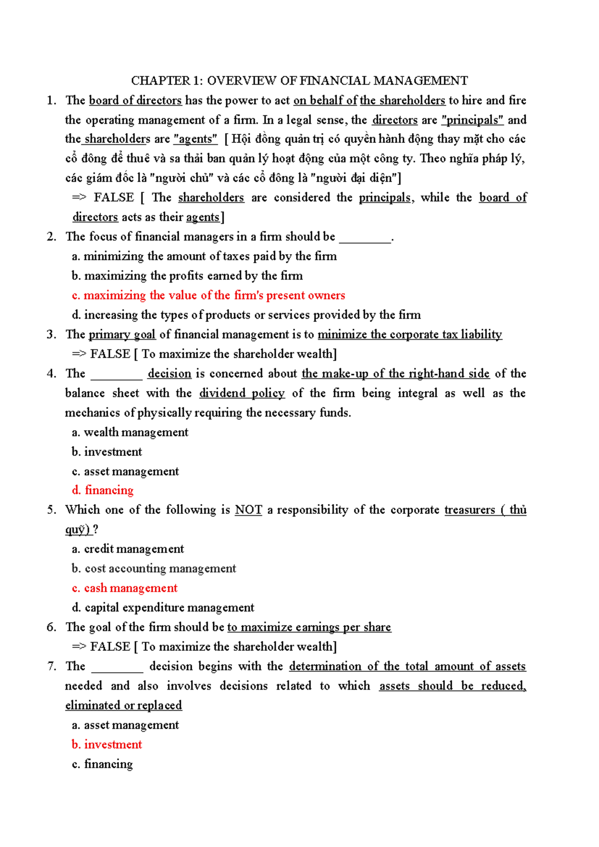 FIN 435: Chapter 1 Overview of Financial Management Test Bank - Studocu